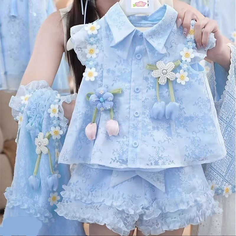 Bé Gái Mùa Hè Phong Cách Mới Thời Trang Phù Hợp Với Trẻ Em Lưới Áo Sơ Mi Cardigan Mùa Hè Thoáng Mát Bộ Đồ Hai Mảnh