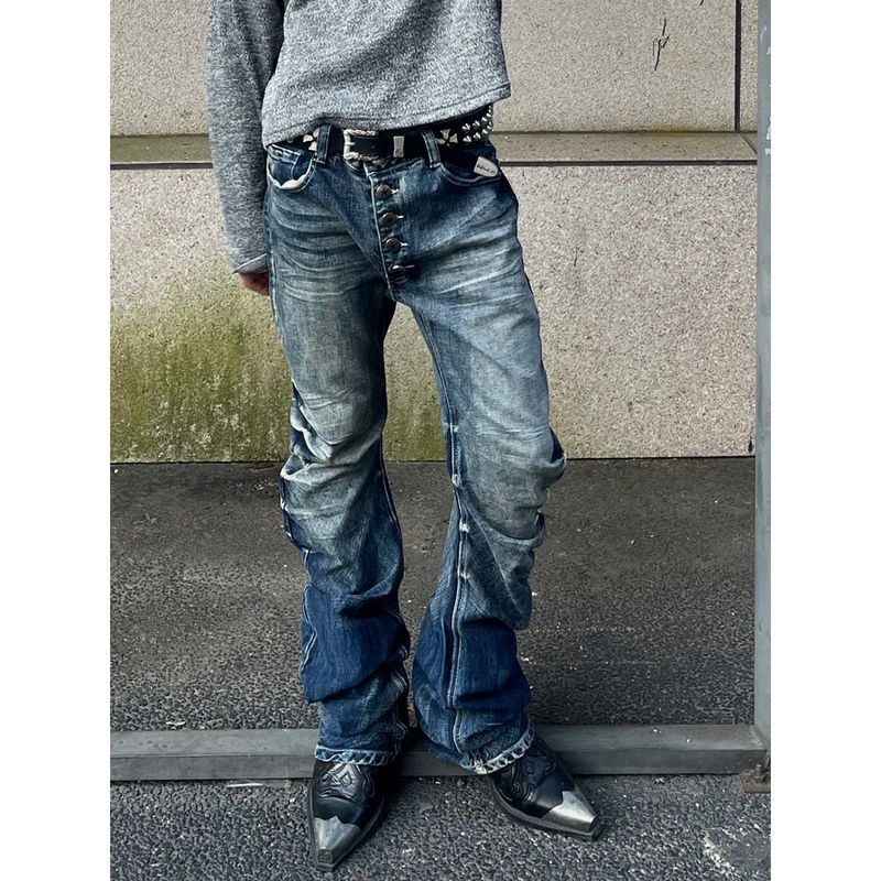 ThaliaWisp Quần jean denim loe cổ điển đường phố cao với nếp gấp và nút cho nam