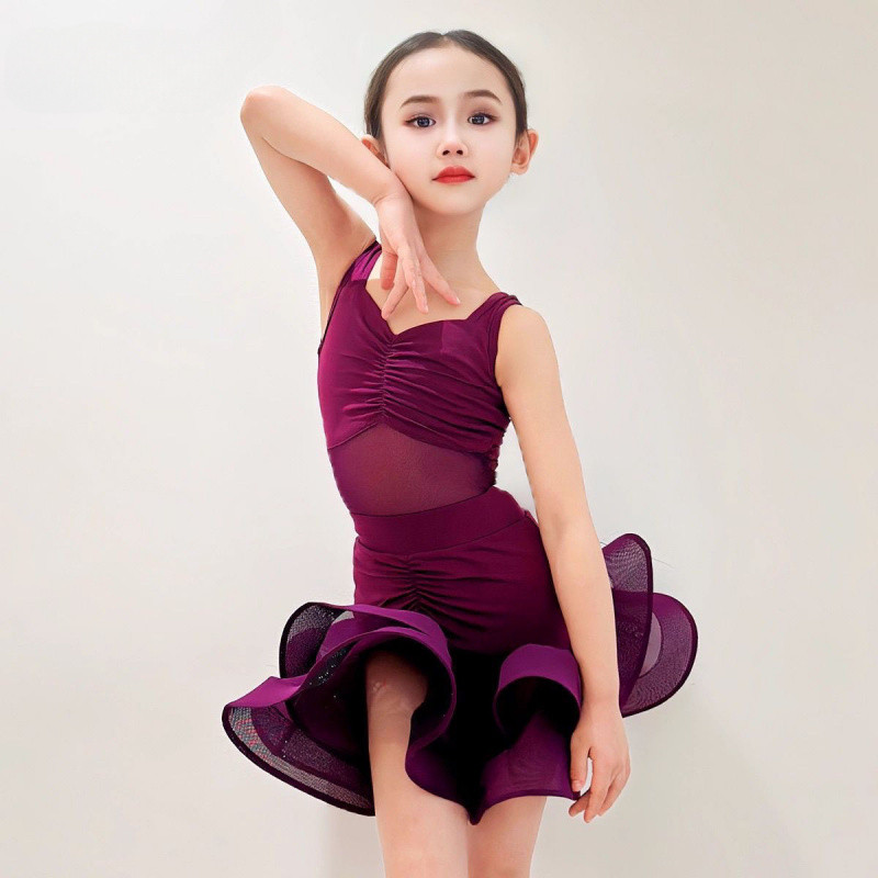 💕Chỗ💕 Trẻ Em Quần Áo Khiêu Vũ Latin Váy Lớn Không Tay Màu Tím Cho Bé Gái 3 Đến 15 Tuổi Váy Khiêu Vũ Latin Xinh Xắn Trang Phục Biểu Diễn