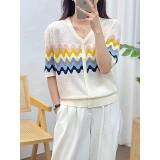 Mùa Hè 2025 Tay Ngắn Thời Trang Hàng Đầu Phong Cách Phương Tây Giảm Tuổi Đơn Màu Sắc Tương Phản Sóng Pat