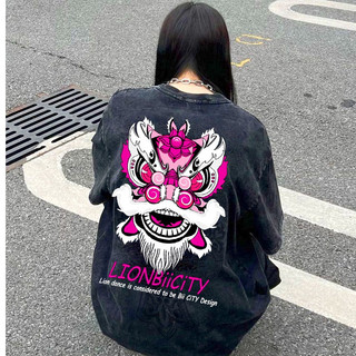 LOCAL BRAND Áo thun Wash Đầu Lân Phong Cách Unisex Form Rộng / Áo thun Đầu Lân Phông Màu Phong Cách Âu Mỹ