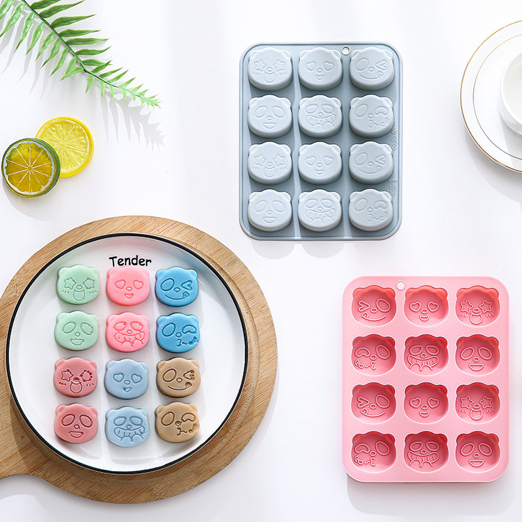 12 Khoang Biểu Hiện Khác Nhau Gấu Trúc Khuôn Silicon Hoạt Hình Mousse Món Tráng Miệng Khuôn Bánh Nhựa Khay Đá Thạch Khuôn Socola DIY Khuôn Nướng Bánh