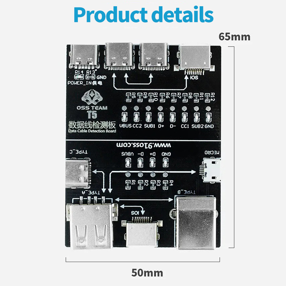 Bảng phát hiện cáp dữ liệu bật tắt OSS T5 cho IOS Android Lightning / Type-C / Micro / USB Data Line Kiểm tra bất thường Máy dò nhanh