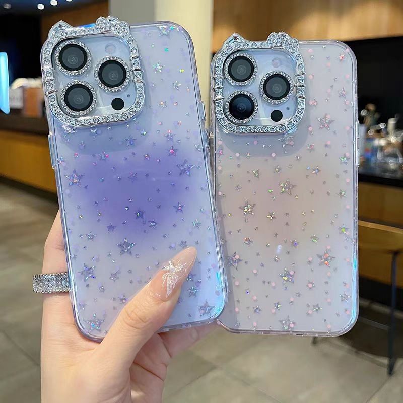 Ngôi sao lấp lánh trái tim / Tai mèo flash viền kim cương cứng tương thích cho 12 pro max 13 pro max 14 pro max 15 pro max 16 pro max