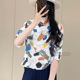 Miyake Xếp Ly Thêu In Hình Nữ Xuân Hè Phong Cách Mới Cao Cấp Tính Khí Nửa Tay Rời