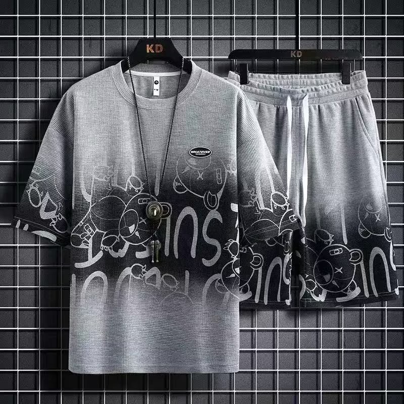 Bộ đồ bánh quế phong cách Hồng Kông Quần Short năm điểm ngắn tay nam mùa hè thanh niên hợp thời trang phong cách Harajuku phù hợp cho mọi trận đấu1 / 2 miếng