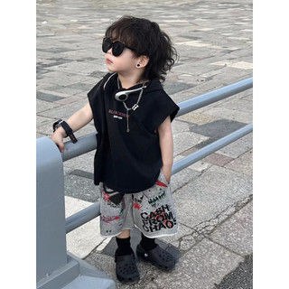 Bộ áo vest có mũ cho trẻ em mùa hè mới, phong cách Hàn Quốc, quần short không tay in chữ hoạt hình cho bé trai, bộ hai mảnh rộng rãi