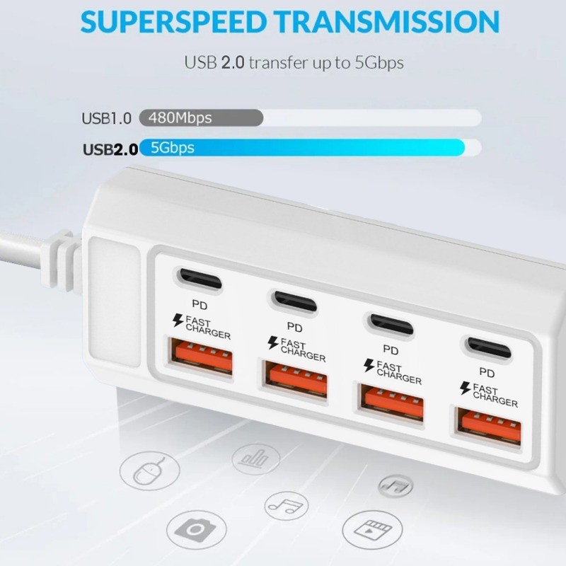 Ổ cắm sạc USB 8 trong 1 thiết thực - Dock sạc Type C chất lượng cao - Phụ kiện sạc PD 25W đa năng