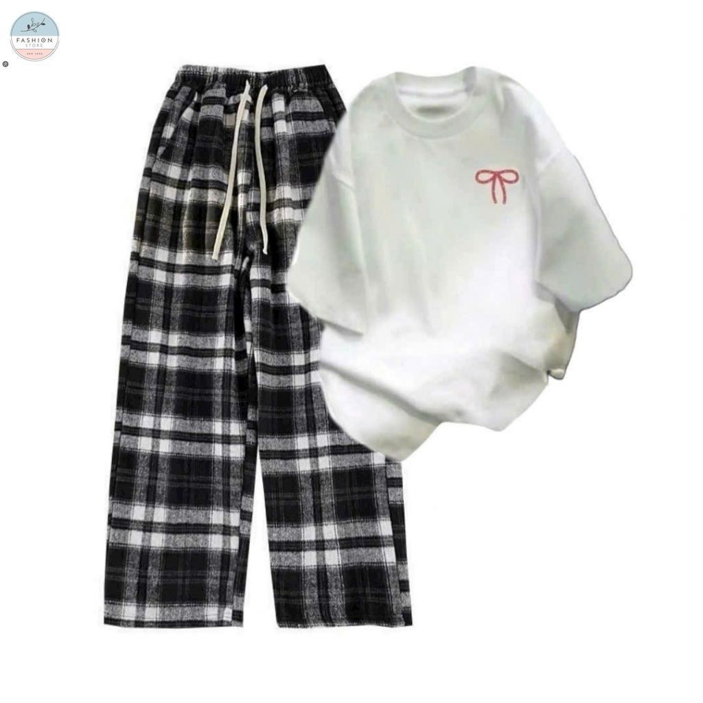[ Hàng Mới ] Sét Bộ Quần Kẻ caro+ mix áo phông form rộng -nơ AN PHA in ngựC-quanao94