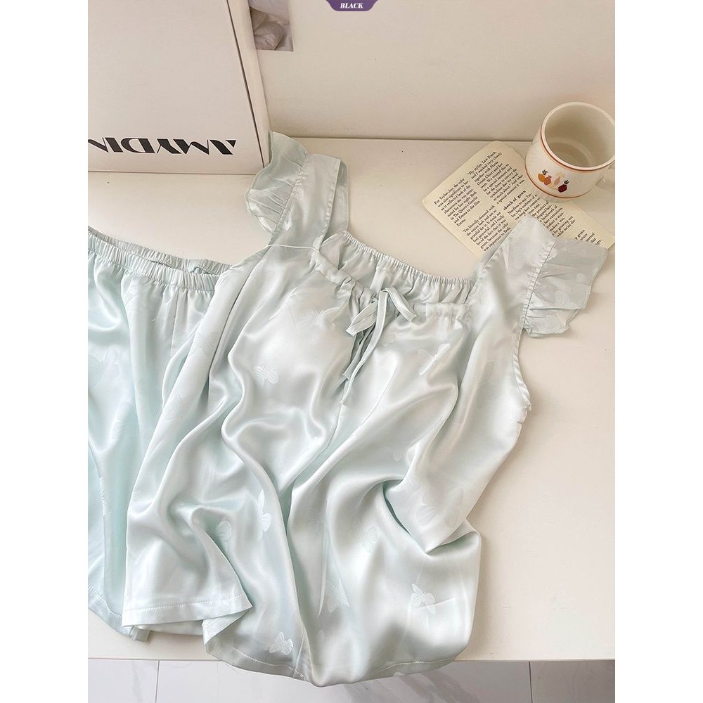 Bộ đồ ngủ bằng lụa băng mới mùa hè in nơ nhỏ tay bay dành cho học sinh [BL]