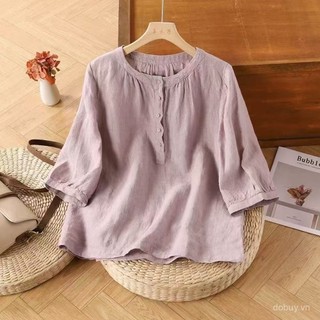 Áo sơ mi cotton lanh vintage cỡ lớn cho phụ nữ, tay áo 5/4, chất liệu cotton nguyên chất, kiểu dáng rộng rãi, áo blouse thường ngày