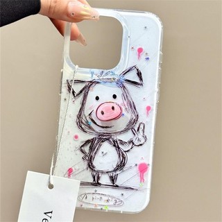 Ốp điện thoại hình heo con Graffiti Bier Line màu trắng dễ thương Thích hợp cho iPhone16 15 14 13 Pro max Bảo vệ Camera chống sốc Vỏ cứng chống rơi