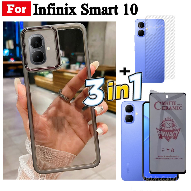 Ốp điện thoại trong suốt bằng silicon mềm TPU 3 trong 1 Infinix Smart 10 X6725 có vỏ bảo vệ Camera + Kính cường lực bảo mật + Phim mặt sau