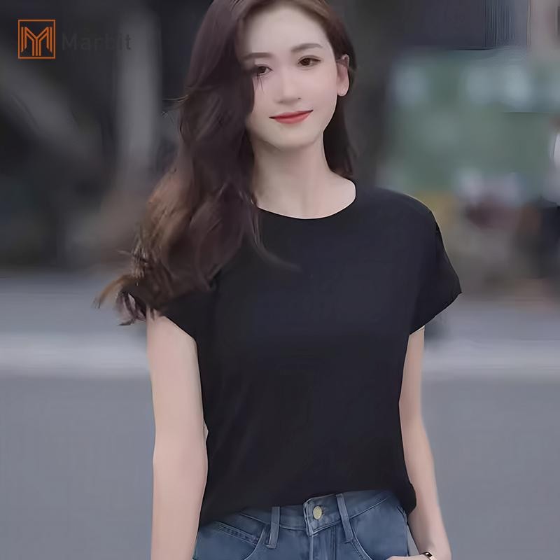 Áo thun Marbit Ice Silk nữ cổ tròn màu sắc nguyên chất, phong cách mới mùa hè