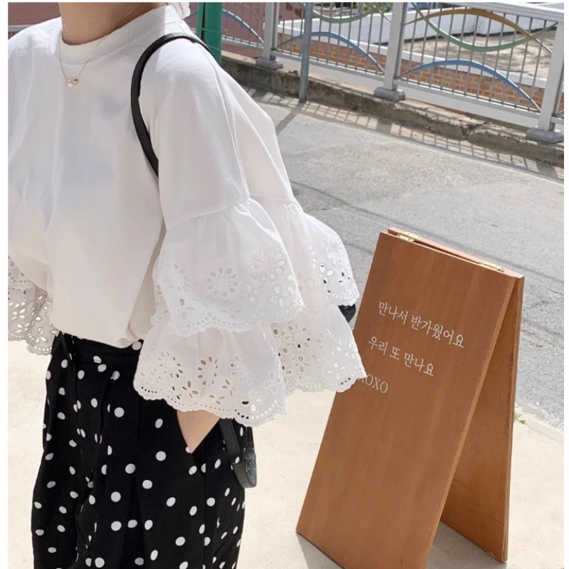 SUXI Áo thun ren thêu màu trơn đơn giản dành cho nữ mùa hè mới 250530