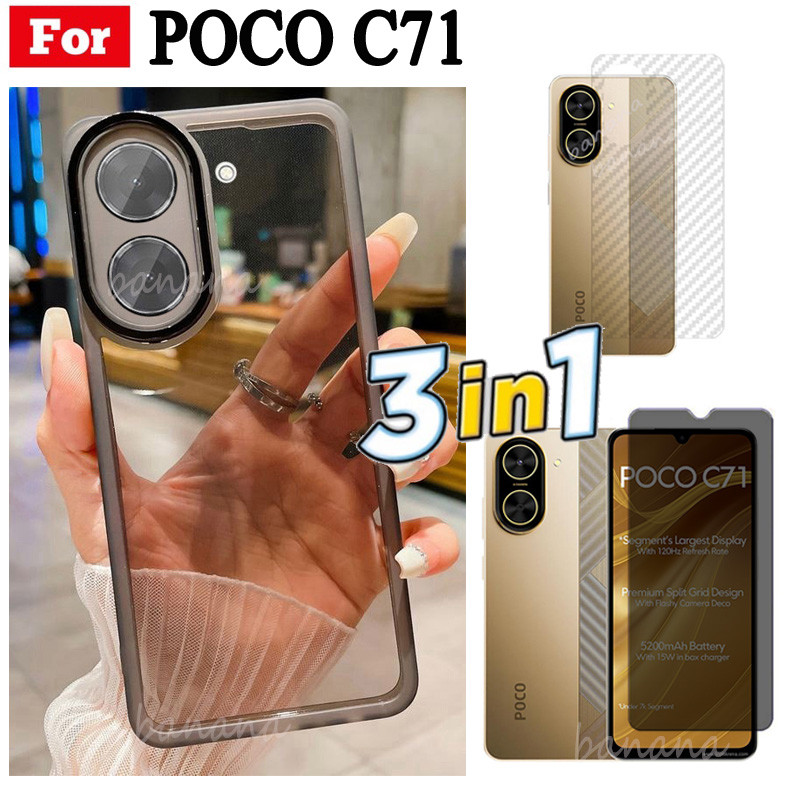 Vỏ điện thoại trong suốt bằng silicon mềm TPU 3 trong 1 Poco C71 có vỏ bảo vệ Camera + Kính cường lực bảo mật + Phim mặt sau
