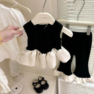Bộ đồ không tay mùa hè mới cho bé gái phong cách Hàn Quốc, áo vest xếp nếp, quần ống loe, bộ hai mảnh