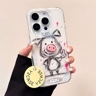 Ốp điện thoại hình heo con Graffiti Bier Line màu trắng dễ thương Thích hợp cho iPhone16 15 14 13 Pro max Bảo vệ Camera chống sốc Vỏ cứng chống rơi