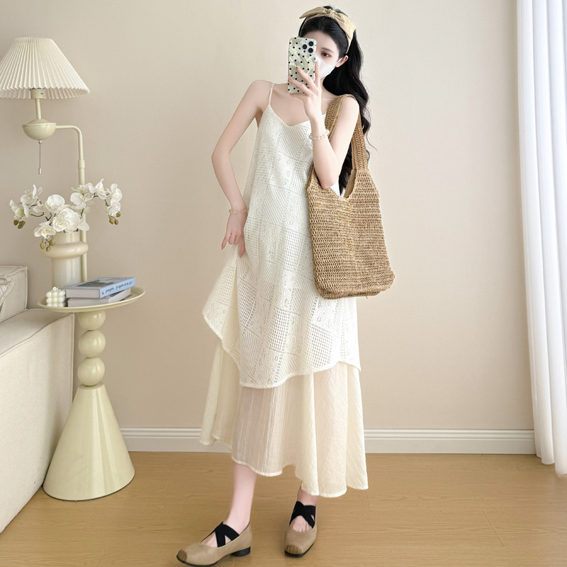 Bộ đồ bà bầu Mùa hè Phong cách Hàn Quốc Váy dài dáng ôm hơn + Bộ đồ hai mảnh bên ngoài