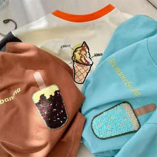Áo thun cotton ngắn tay mùa hè cho bé trai và bé gái, thêu hình kem hoạt hình, áo trẻ em thường ngày
