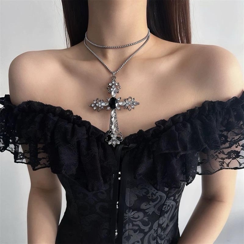 Vòng Cổ Mặt Dây Chuyền Chữ Thập Lớn - Dùng Cho Tiệc, Mặc Hàng Ngày - Punk, Gothic, Vintage - Vòng Cổ Choker Dài Kim Cương Giả Hồng - Quà Tặng Trang Sức Cho Cặp Đôi, BFF