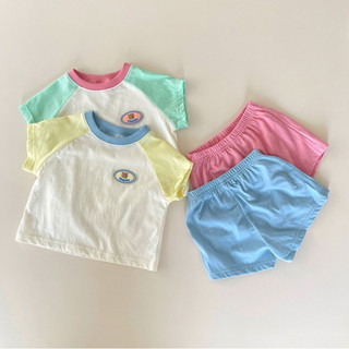 Bộ quần short ngắn tay cotton mùa hè cho bé trai và bé gái, áo phông màu sắc, quần thể thao phong cách Hàn Quốc cho trẻ em, bộ hai món