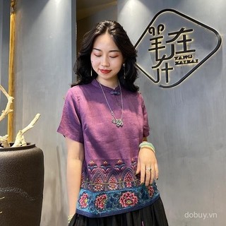 Áo blouse cotton và lanh lấy cảm hứng châu Á cho phụ nữ, áo thêu mùa hè Barong, áo phong cách dân tộc