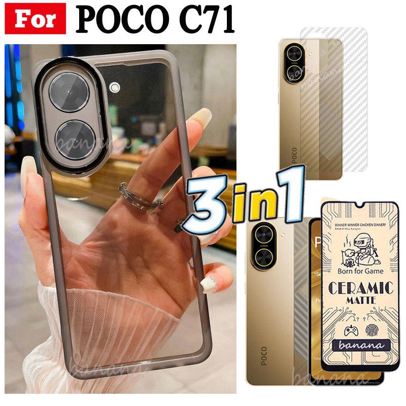 Vỏ điện thoại trong suốt bằng silicon mềm TPU 3 trong 1 Poco C71 có vỏ bảo vệ Camera + Kính cường lực bảo mật + Phim mặt sau