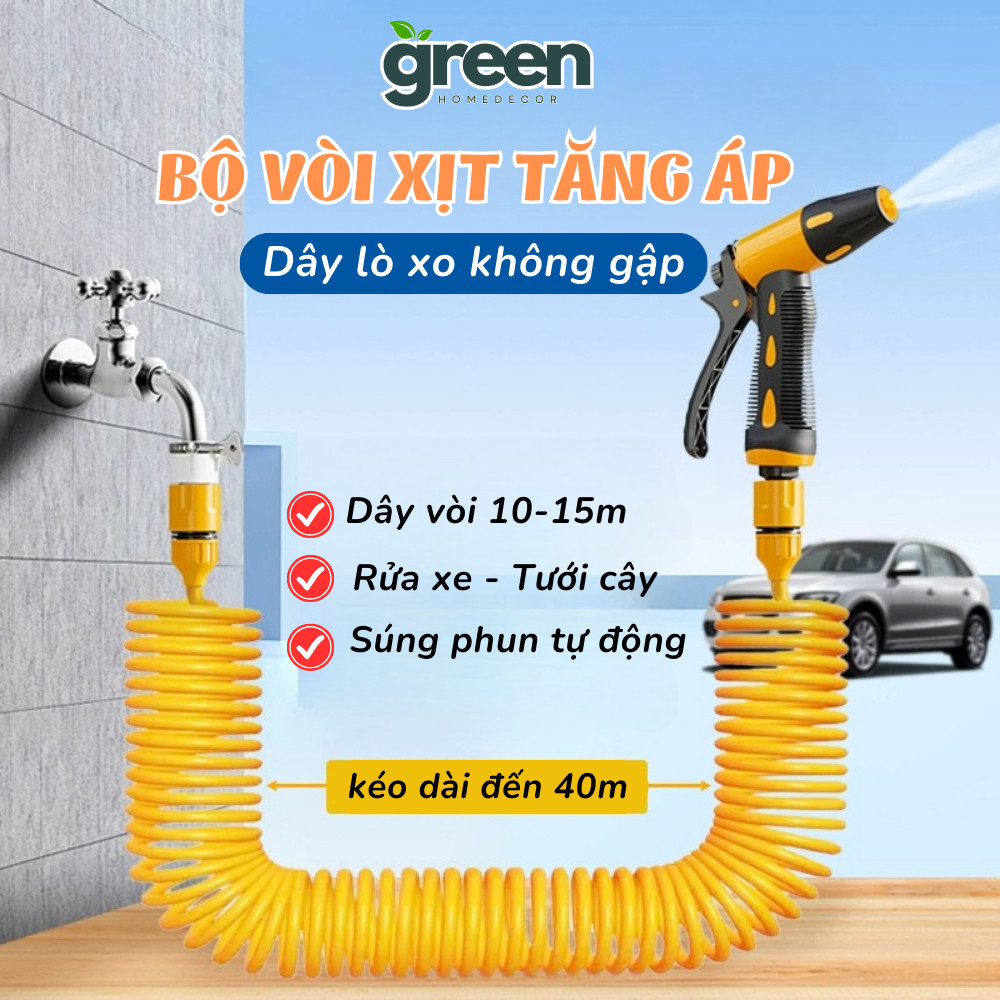 Vòi Xịt Tăng Áp Tưới Cây, Rửa Xe Gia Đình, Dọn Dẹp Rửa Sân 3 Chế Độ Xịt Kèm Dây Lò Xo Chống Gập