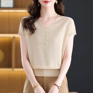 Tay Ngắn Cổ Tròn Mùa Hè 2025 Phong Cách Phương Tây Bao Bụng Cổ Chữ V Áo Thun Rời Đan Top Nữ Mẹ Mặc