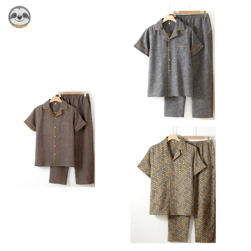 Phong cách Nhật Bản Muji Style - Bộ đồ ngủ ngắn tay Cotton nguyên chất dành cho nam Retro Jacquard - Quần áo gia đình mỏng có thể mặc bên ngoài
