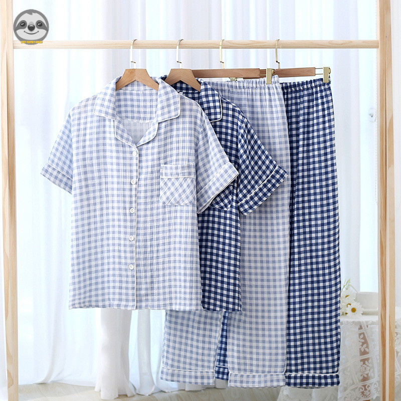 Phong cách Nhật Bản Muji Style - Gạc Cotton nguyên chất dành cho nam - Bộ đồ ngủ kẻ sọc ngắn tay - Mỏng mát cho mùa hè - Có thể mặc bên ngoài như quần short lounge