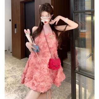 Váy Liền Hoa Ba Chiều Màu Hồng, Váy Lịch Sự Cao Cấp Mùa Hè Cho Nữ, Váy Ngắn Chữ A Ôm Dáng Thân Hình Nhỏ