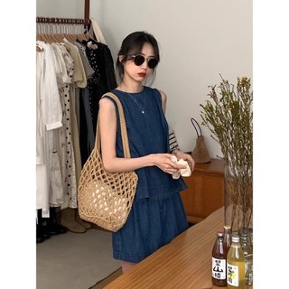 Rời Thiết Kế Đơn Giản Denim Sling + Quần Short Co Giãn Hàng Ngày Thời Trang Mùa Hè Màu Xanh Đậm Phù Hợp Với Bộ Đồ Hai Mảnh Giảm Tuổi Hàng Đầu Mới