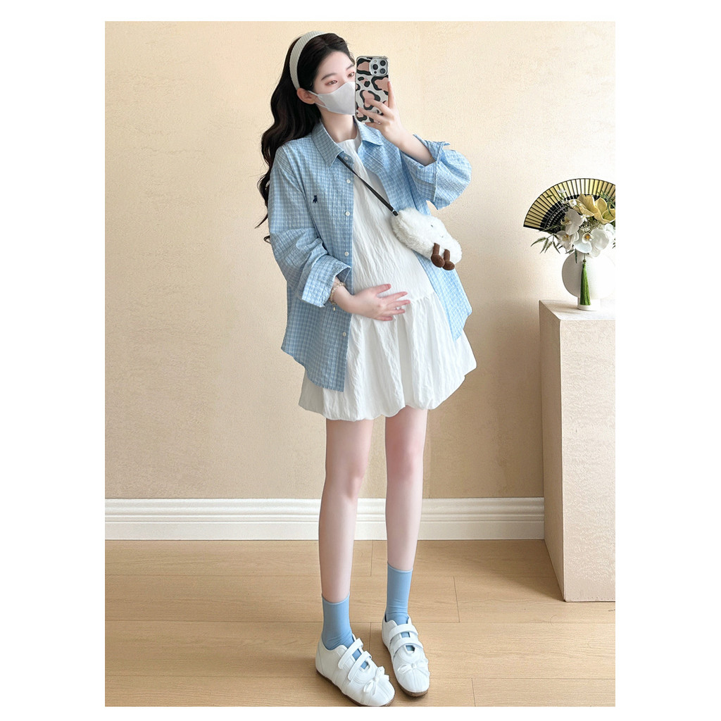 Bộ đồ bà bầu Váy Vest dáng rộng thời trang mùa hè + Áo sơ mi thêu kẻ sọc