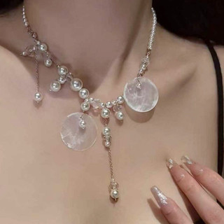 Vòng cổ tua rua chắp vá ngọc trai nhỏ và lớn, dây chuyền xương đòn vỏ tròn, vòng cổ hạt gradient, vòng cổ thích hợp