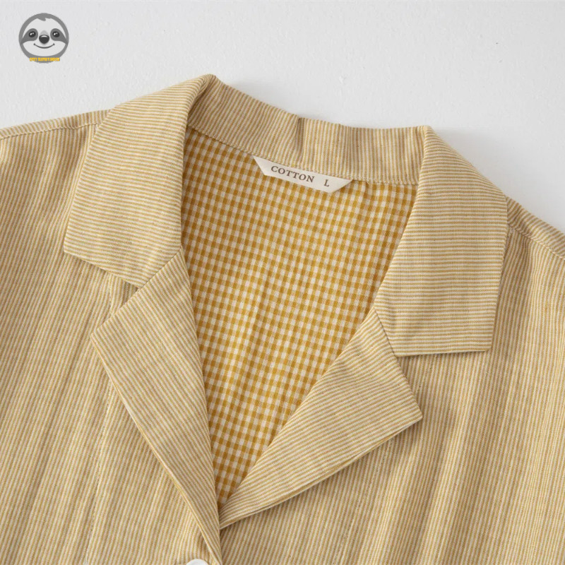 Phong cách Nhật Bản Muji Style / Bộ đồ ngủ ngắn tay sọc dây rút Cotton nguyên chất / Bộ đồ ngủ nữ sợi hai lớp phong cách mỏng Cotton sọc mùa hè