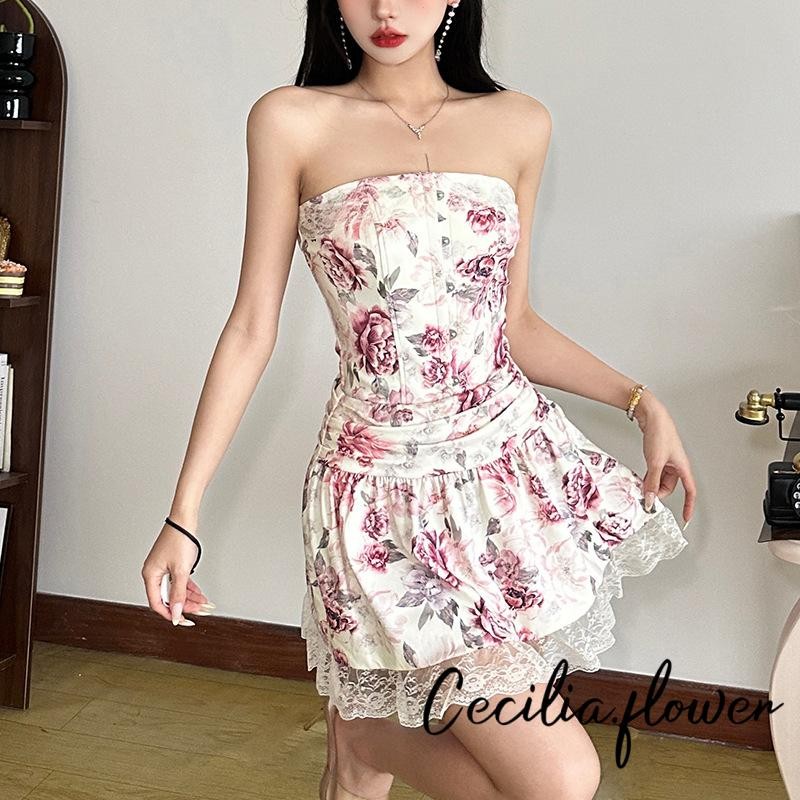 Váy Mini hoa nữ có viền ren - Thắt lưng xếp chữ A thường ngày mùa hè