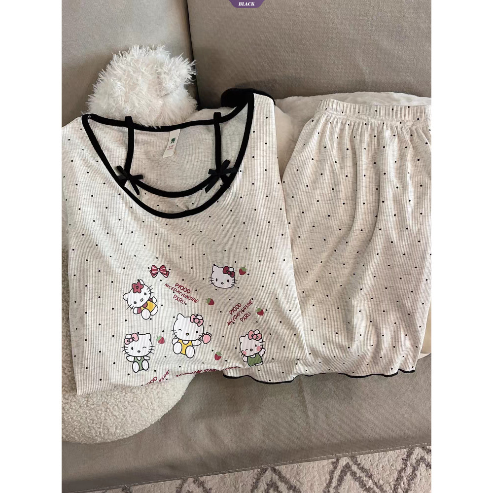 Quần Short ngắn tay mùa hè Bộ đồ ngủ nữ có miếng đệm ngực 2025 Bộ đồ mặc nhà HelloKitty mới [BL]