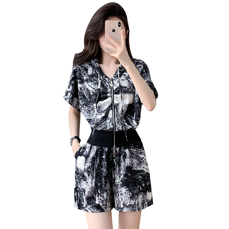 Size Lớn Nữ Mùa Hè Phù Hợp Với Béo mm Nhẹ Phong Cách Trưởng Thành Có Mũ Trùm Đầu Cardigan Quần Ống Rộng Bộ Đồ Hai Mảnh