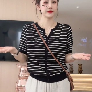 Phong Cách Mới Sọc Băng Lụa Ngắn Tay Áo Thun Nữ Rời Kích Thước Lớn Phù Hợp Với Sli