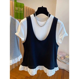 Size Lớn Top Nữ Áo Thun Cực Lớn + Áo Vest Top 100kg Ren Khâu Ngắn Tay Áo Thun Nữ Mùa Hè Giả Hai Mảnh Hàng Đầu Phiên Bản Hàn Quốc Lỏng Lẻo Quần Áo Nữ