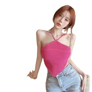 Áo vest nữ mùa hè màu hồng nóng bỏng, không tay, cổ yếm, áo camisole, áo lót bên trong