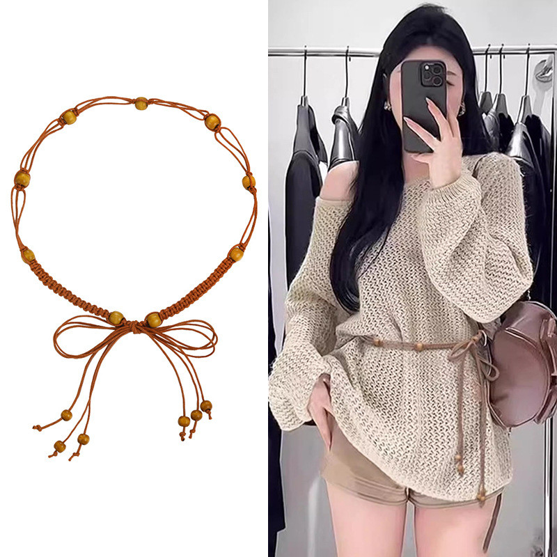 Thắt lưng bohemian phong cách dân tộc nâu, bện viền, phù hợp với váy