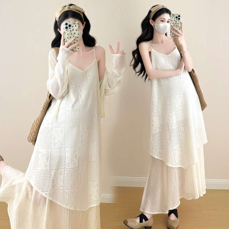 Bộ đồ bà bầu Mùa hè Phong cách Hàn Quốc Váy dài dáng ôm hơn + Bộ đồ hai mảnh bên ngoài