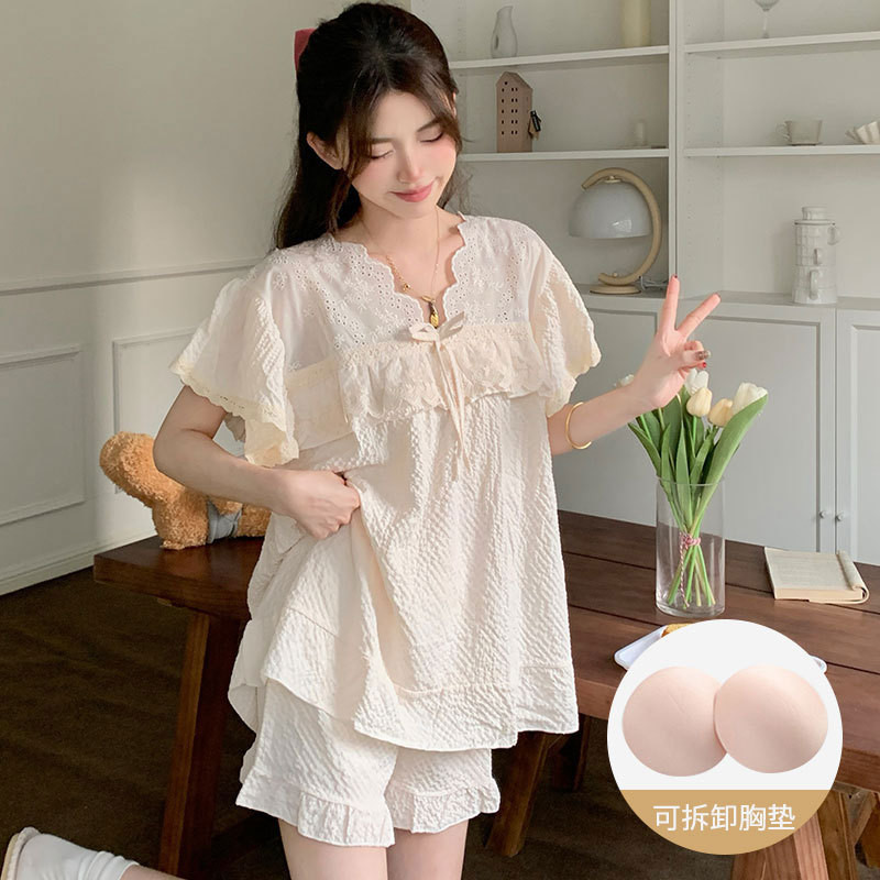 [Ảnh thật] Bộ đồ ngủ nữ có đệm ngực Mùa hè 2024 mới bong bóng cotton ngọt ngào dễ thương tay ngắn mặc ở nhà