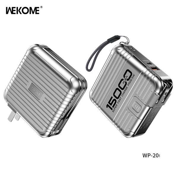 WEKOME WP-20 15.000mAh – Power bank + sạc tường AC, PD/QC 22.5W, cáp Type-C/I, màn hình hiển thị
