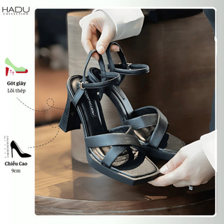 Sandal Quai Chéo Gót Vuông 9P Đế Đúp 2P HADU MM962 Chất Da PU Vân Đế TPR Chống Trượt BH 12T