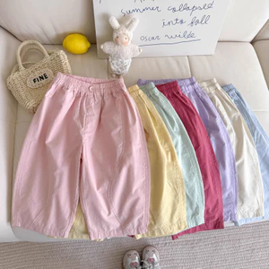 Quần dài mỏng mùa hè cho trẻ em bằng cotton nguyên chất, phong cách Hàn Quốc, đơn giản, thoải mái, màu sắc đồng nhất, quần chín điểm cho bé trai và bé gái