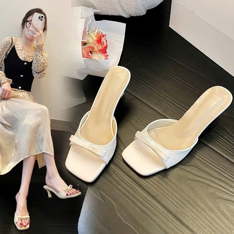 Dép Cao Gót Nữ Mũi Vuông Phối Nơ Tầng Xinh 7 cm Đi Dạo Phố, Đi Tiệc - Cin Shoes